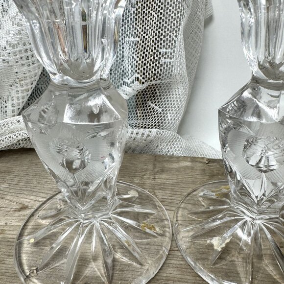 Vintage Crystal Candle Holders Set Of 2 Etched Floral Design Clear Glass Elegant - Picture 3 of 7
